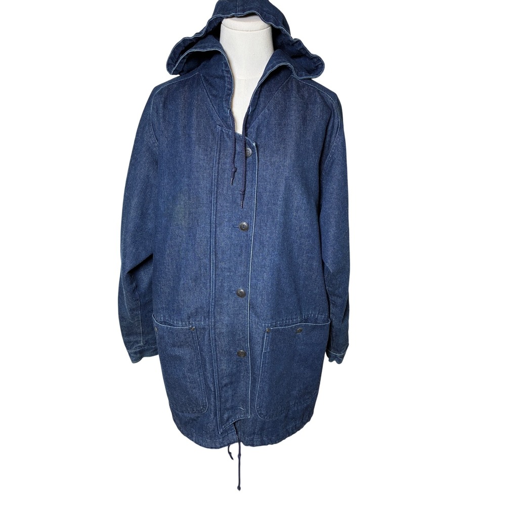 Etienne Aigner Denim Quilted Hooded Utility Parka Jacket Women's Small Vintage